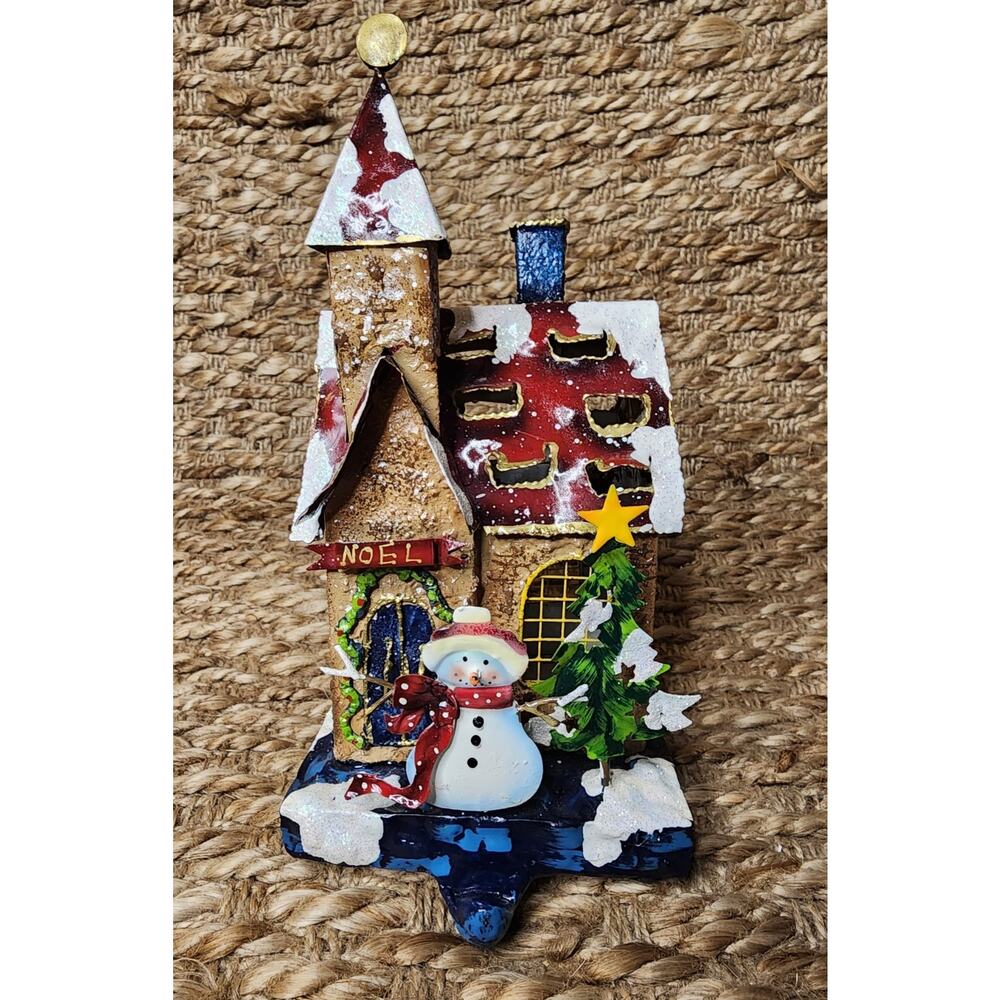 Vintage Christmas Metal Hand Painted Neol Snowman House Holiday Stocking Holder